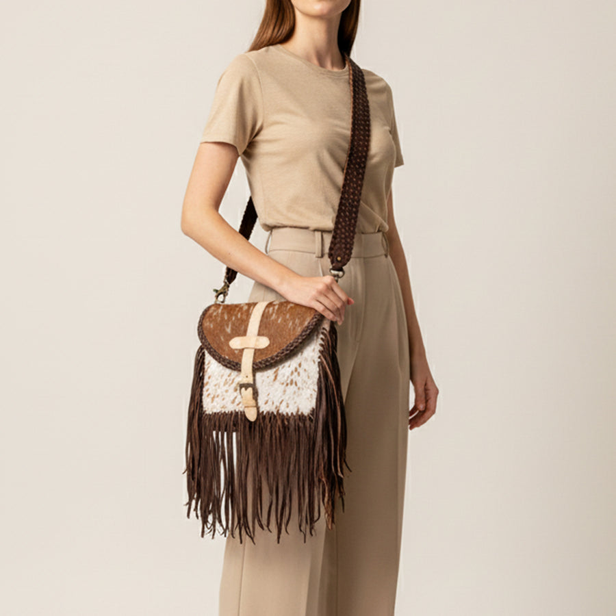 American Darling Cross body Bag Western Hair-On Cowhide Genuine Leather Handcrafted Purse with Fringes and Braided Detail
