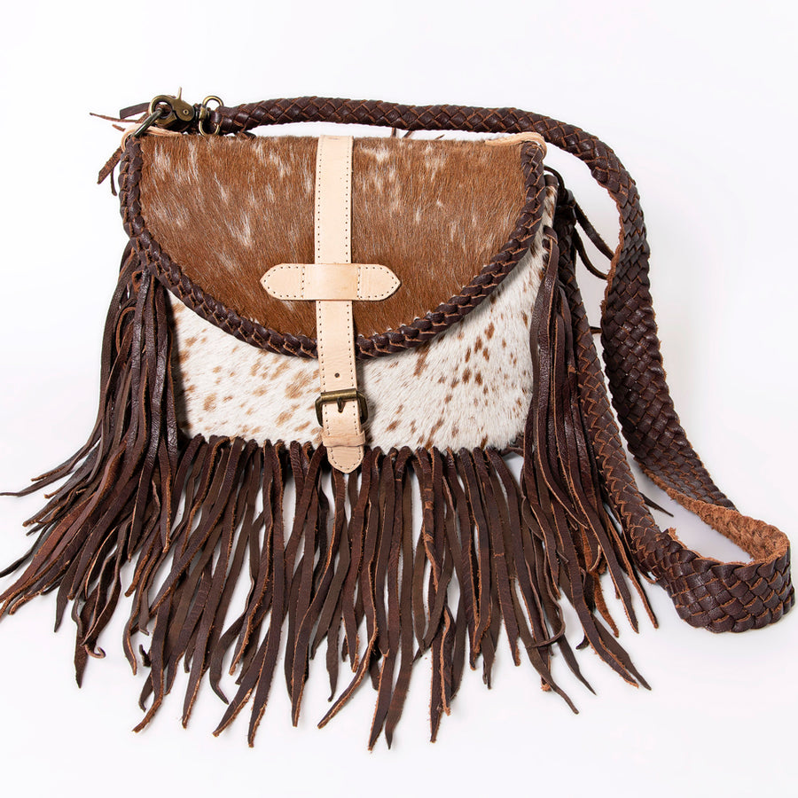 American Darling Cross body Bag Western Hair-On Cowhide Genuine Leather Handcrafted Purse with Fringes and Braided Detail