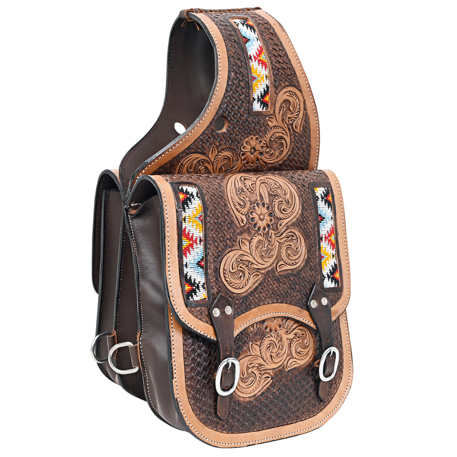 Hilason Floral Western Horse Leather Saddle Bag Heavy duty Traditional Trail Ride - Hilason