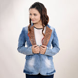 ADBZ702 Genuine leather Hand tooled hand carved Women 100% cotton Denim Blazer dress jacket ladies Girl