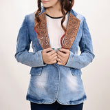 ADBZ702 Genuine leather Hand tooled hand carved Women 100% cotton Denim Blazer dress jacket ladies Girl