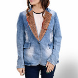 ADBZ702 Genuine leather Hand tooled hand carved Women 100% cotton Denim Blazer dress jacket ladies Girl