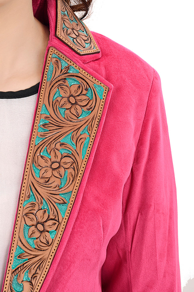 American Darling Genuine leather Hand tooled carved Women 100% cotton Denim Blazer dress Shirt ladies | Vintage Jacket