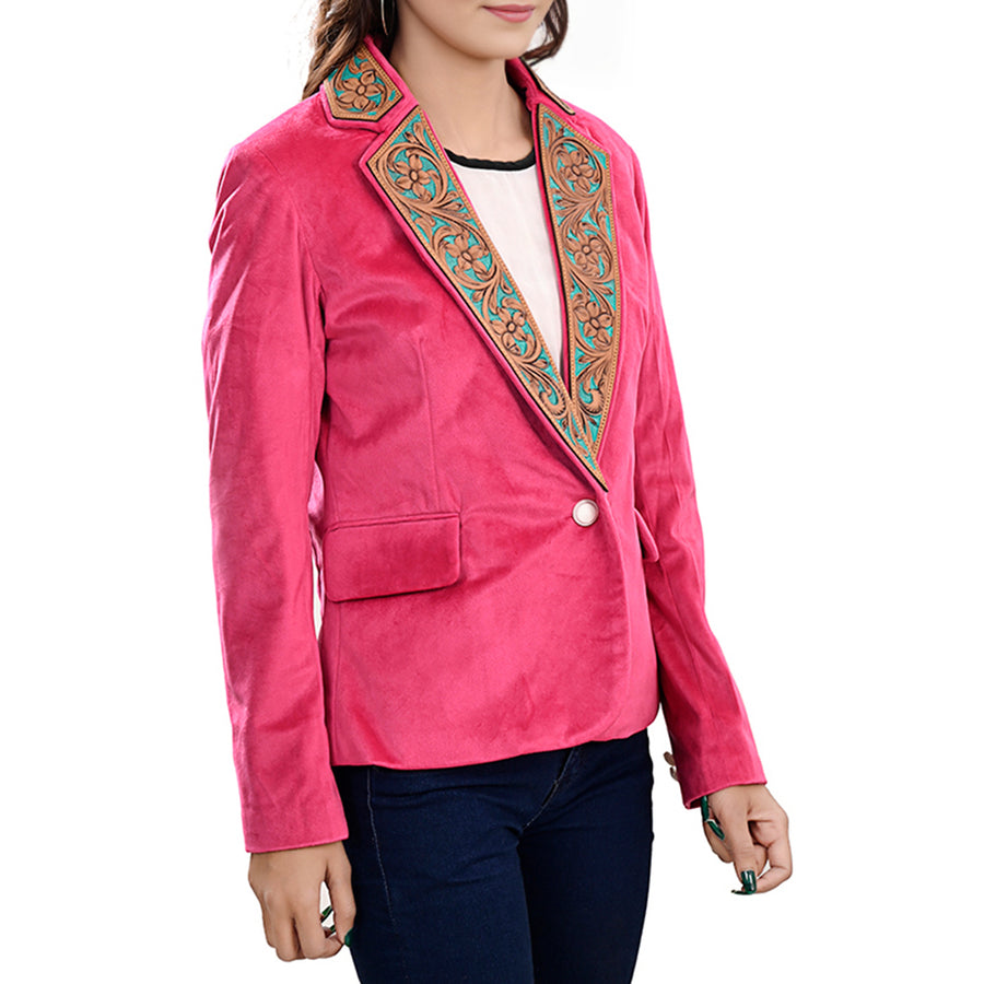 American Darling Genuine leather Hand tooled carved Women 100% cotton Denim Blazer dress Shirt ladies | Vintage Jacket