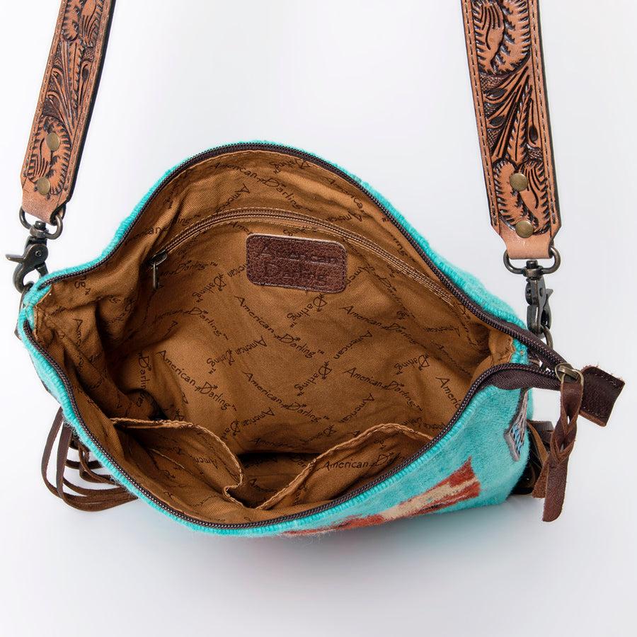 American Darling Cross body Bag Hand Woven Saddle Blanket Hand Tooled Western Leather Purse with Fringes 15in x 15in x 3in