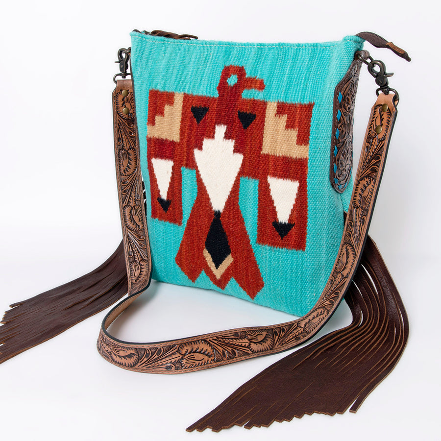 American Darling Hand Woven Saddle Blanket Western Leather Cross body Bag with Fringes - Hilason