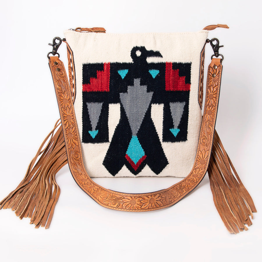 American Darling Cross body Bag Hand Woven Saddle Blanket Hand Tooled Western Leather Purse with Fringes 15in x 15in x 3in