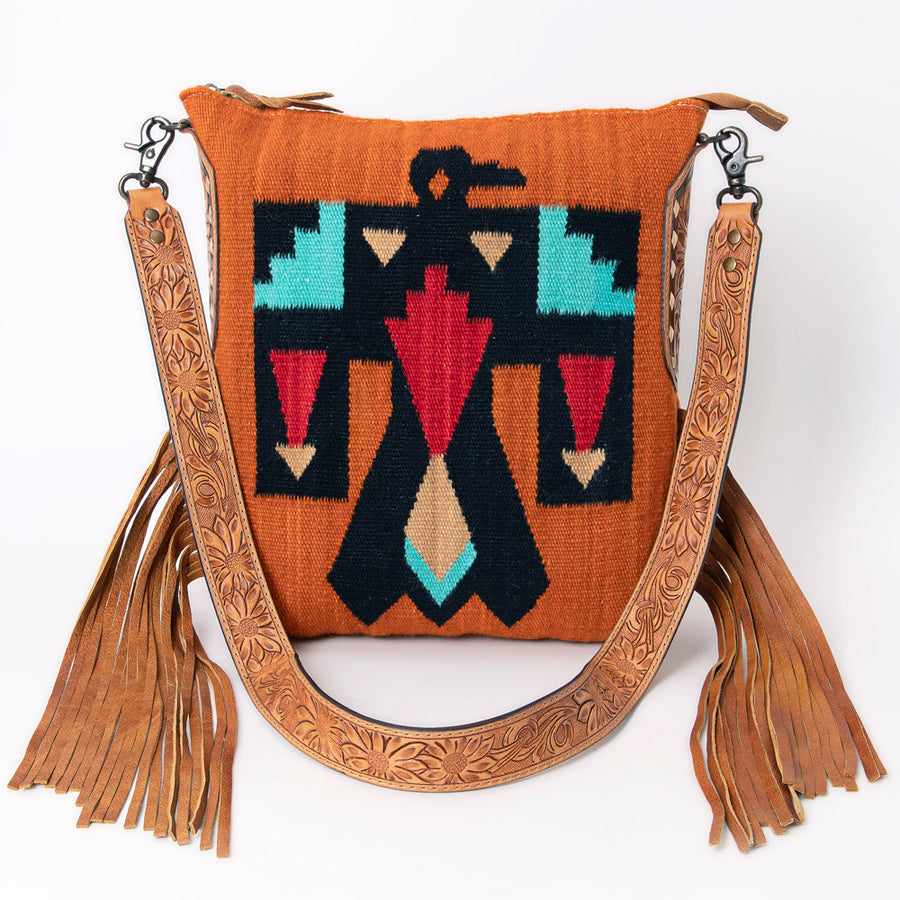 American Darling Cross body Bag Hand Woven Saddle Blanket Hand Tooled Western Leather Purse with Fringes 15in x 15in x 3in