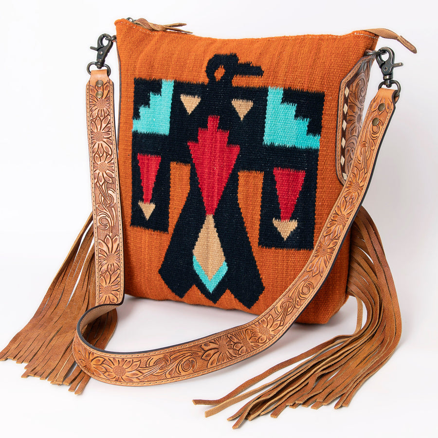 American Darling Hand Woven Saddle Blanket Western Leather Cross body Bag with Fringes - Hilason