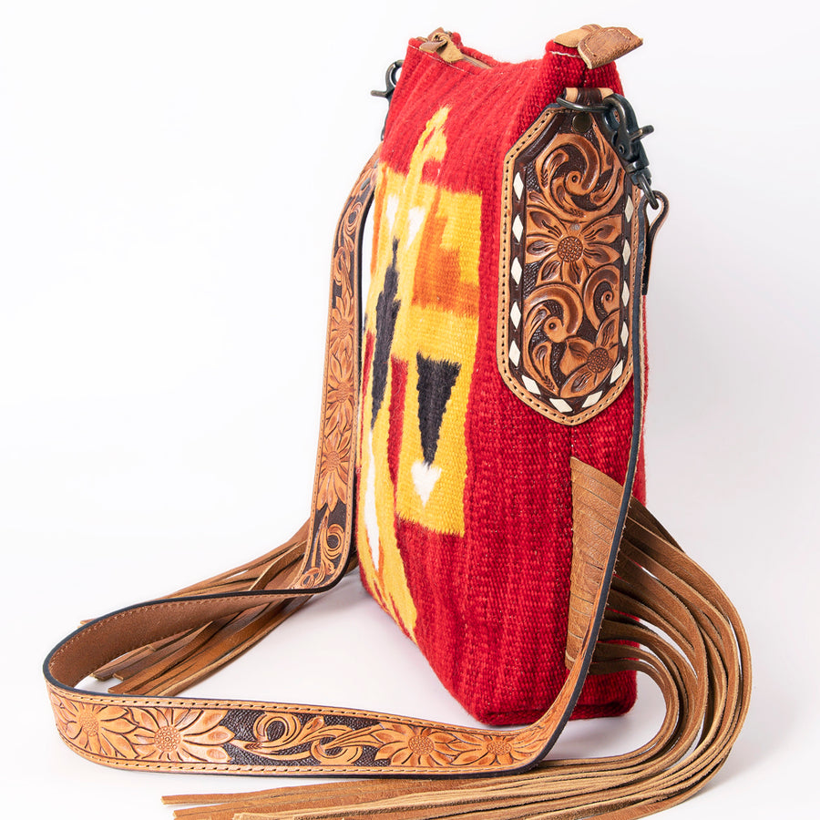 American Darling Cross body Bag Hand Woven Saddle Blanket Hand Tooled Western Leather Purse with Fringes 15in x 15in x 3in