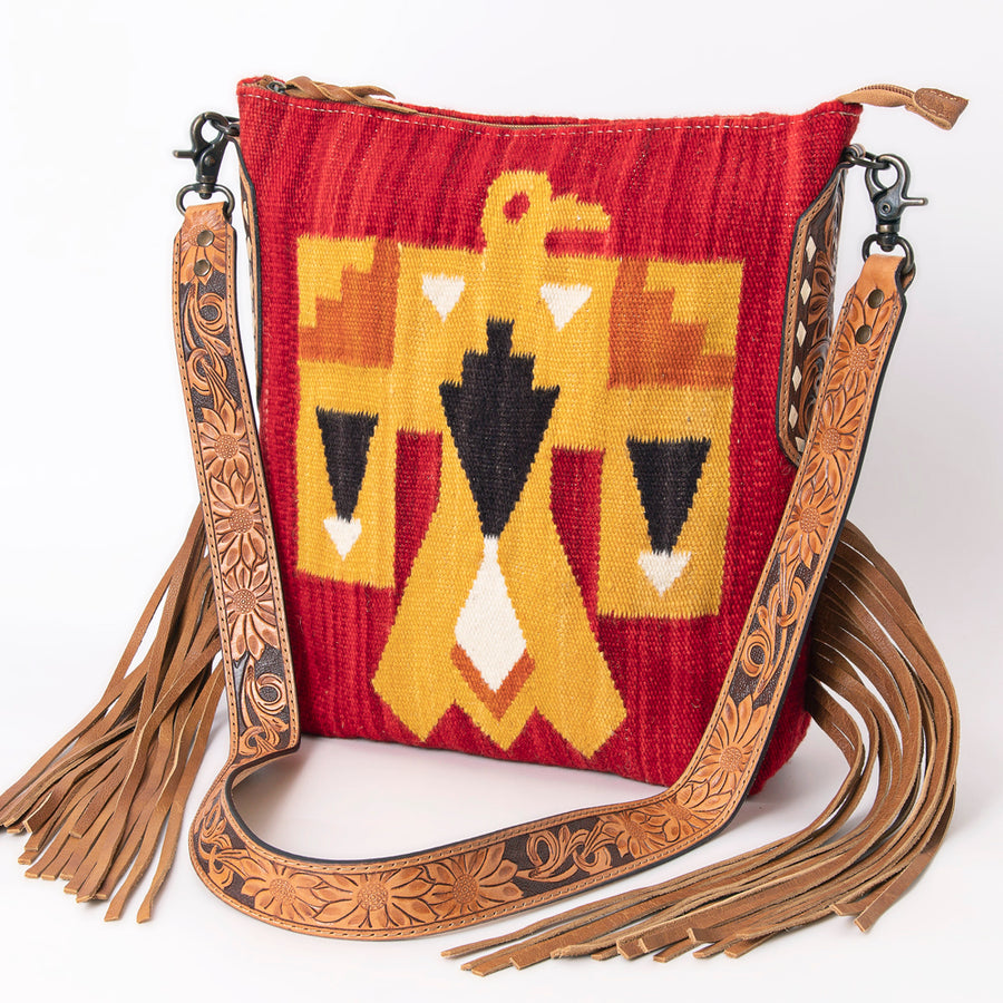 American Darling Hand Woven Saddle Blanket Western Leather Cross body Bag with Fringes - Uhorse