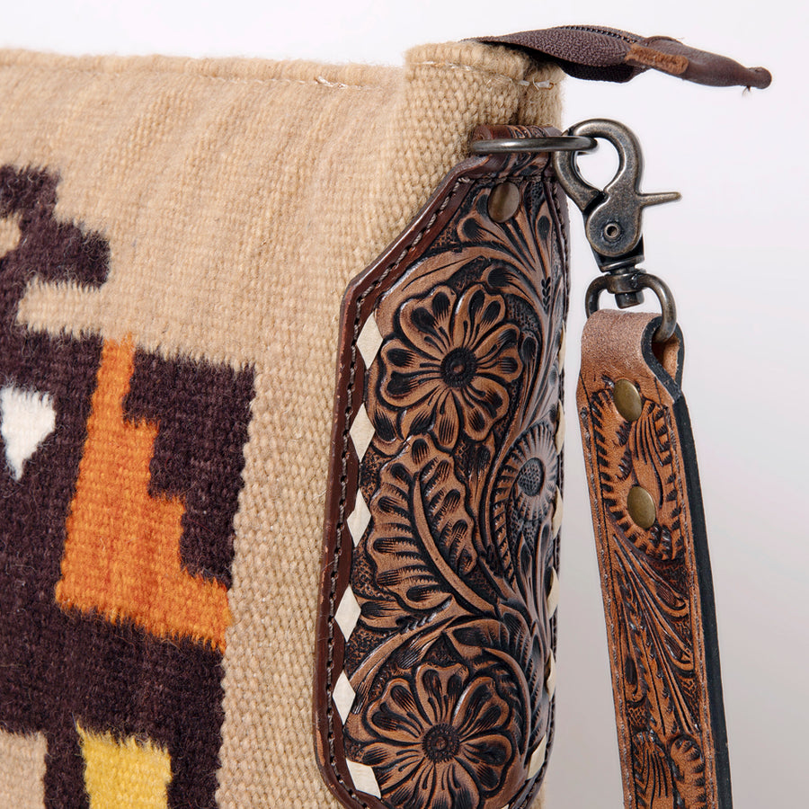 American Darling Cross body Bag Hand Woven Saddle Blanket Hand Tooled Western Leather Purse with Fringes 15in x 15in x 3in
