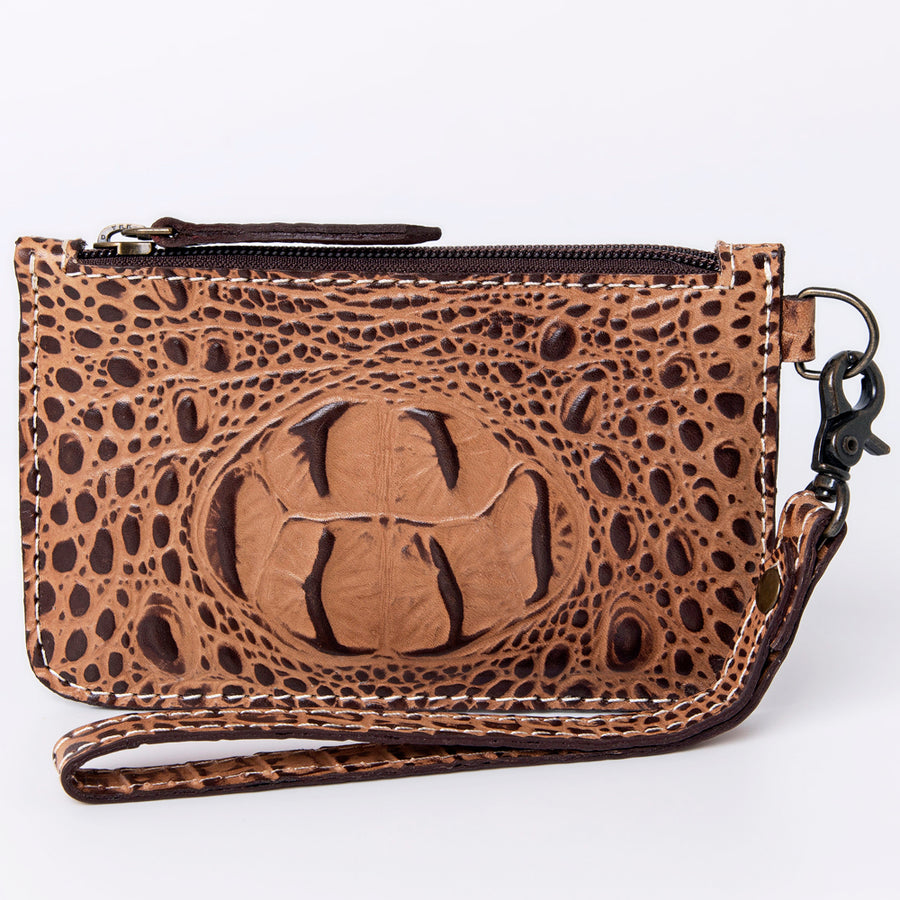 American Darling Western Leather Wristlet Bag, Crocodile Embossed Full Grain Genuine Leather, Eco-Friendly Artisan Clutch