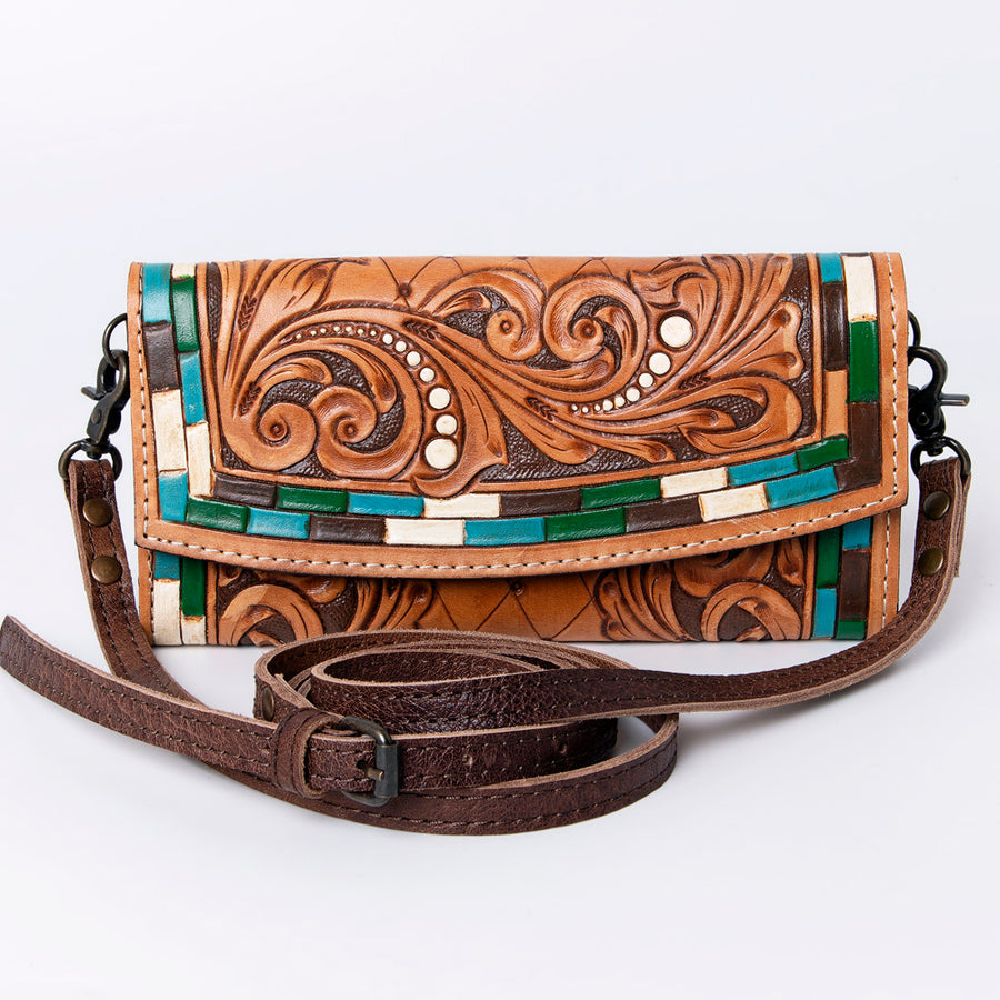 American Darling Wallet, Hand Tooled Genuine Vegetable-Tanned Leather, Western Handcrafted Tooled Crossbody Wallet for Women