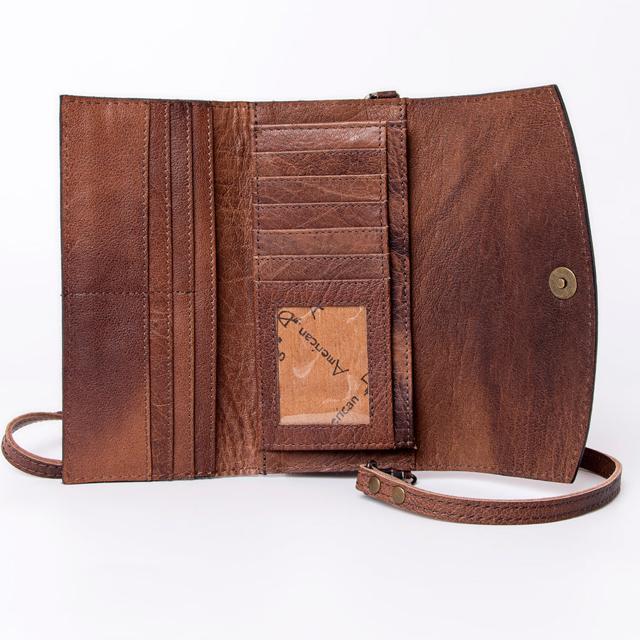 American Darling Wallet, Hand Tooled Genuine Vegetable-Tanned Leather, Western Handcrafted Tooled Crossbody Wallet for Women