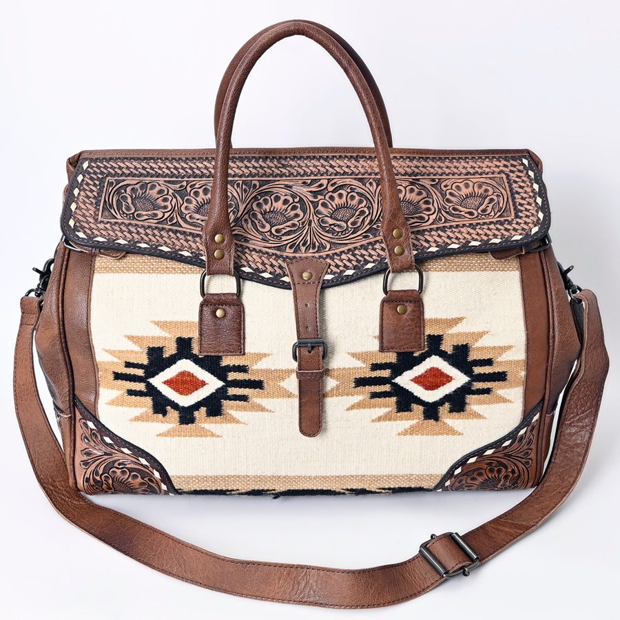 American Darling Duffel Bag Hand Tooled Floral Carved Hair-On Cowhide Genuine Vegetable Tanned Leather Travel Bag YKK Zipper