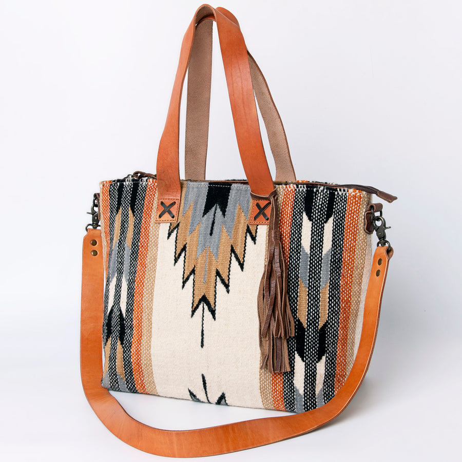 American Darling Hand Woven Saddle Blanket Western Leather Tote Bag with Tassels - Uhorse