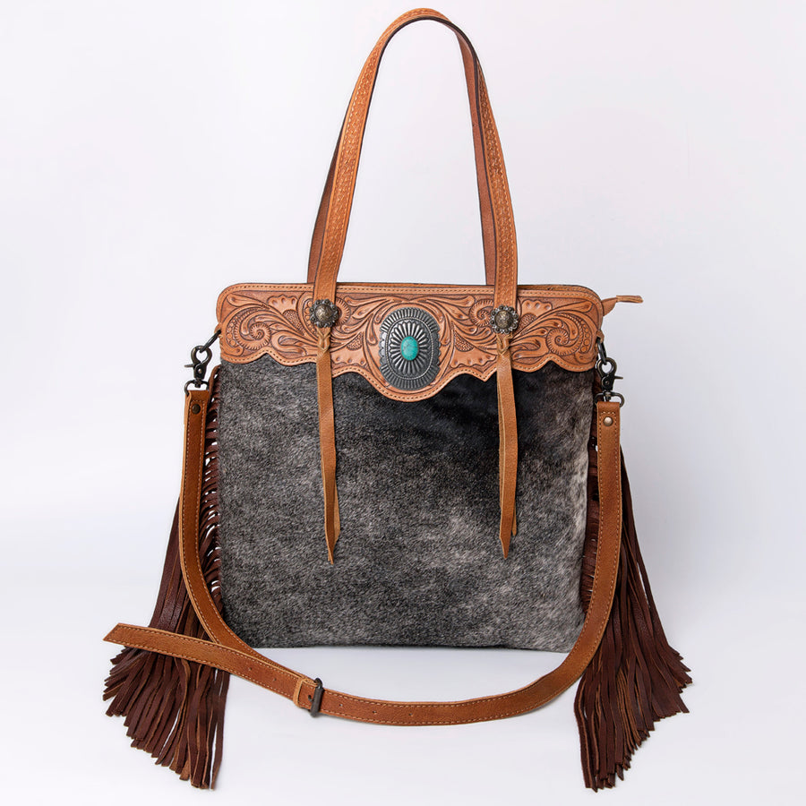 American Darling Tote Bag, Genuine Leather Western Purse with Hair-On Cowhide, Hand Tooled Floral & Turquoise Concho