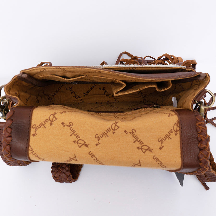 American Darling Cross body Bag, Genuine Hair-On Cowhide & Leather with Fringes and Braided Detail, 9in (H) X 9in (W) X 2in (D)