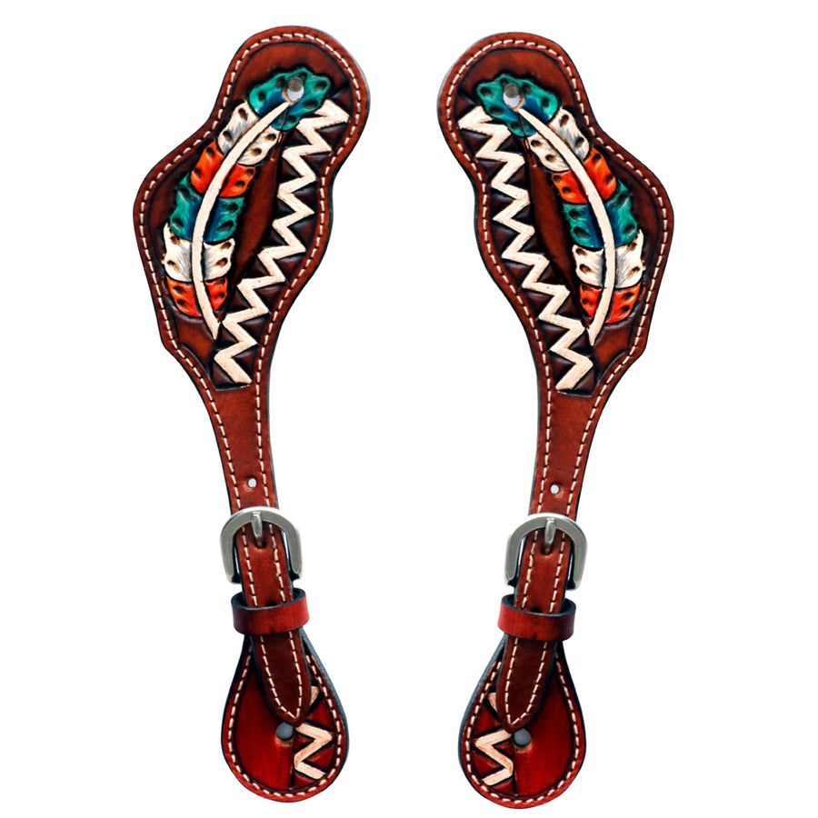Leather spur straps with feather tooling - Uhorse