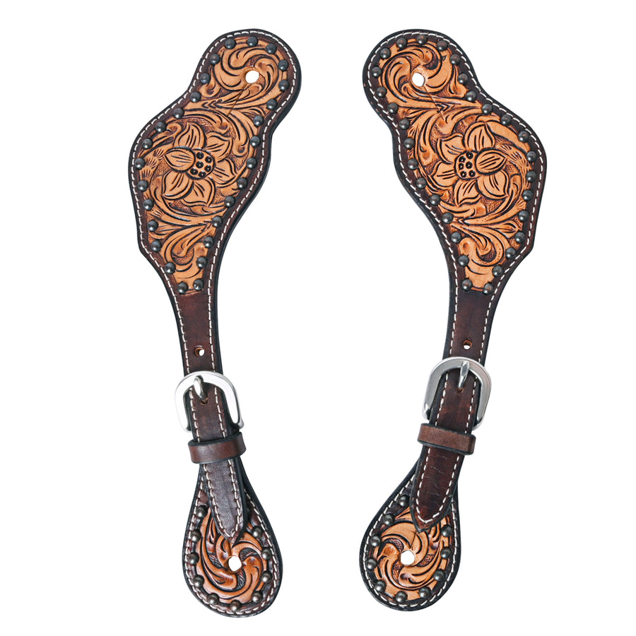 Leather spur straps with tooled floral design - Uhorse