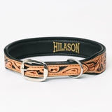 Hilason Beaded Hand Tooled Strong Genuine Leather Dog Collar Black/Tan