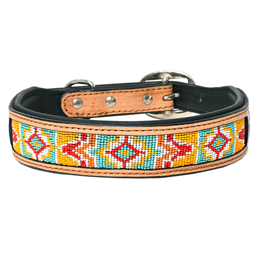 Hilason Western Beaded Hand Tooled Strong Genuine Leather Dog Collar Tan Medium - Uhorse