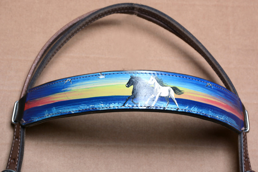 COMFYTACK Western Horse Hand Painted Headstall Breast Collar Tack Genuine Leather Brown