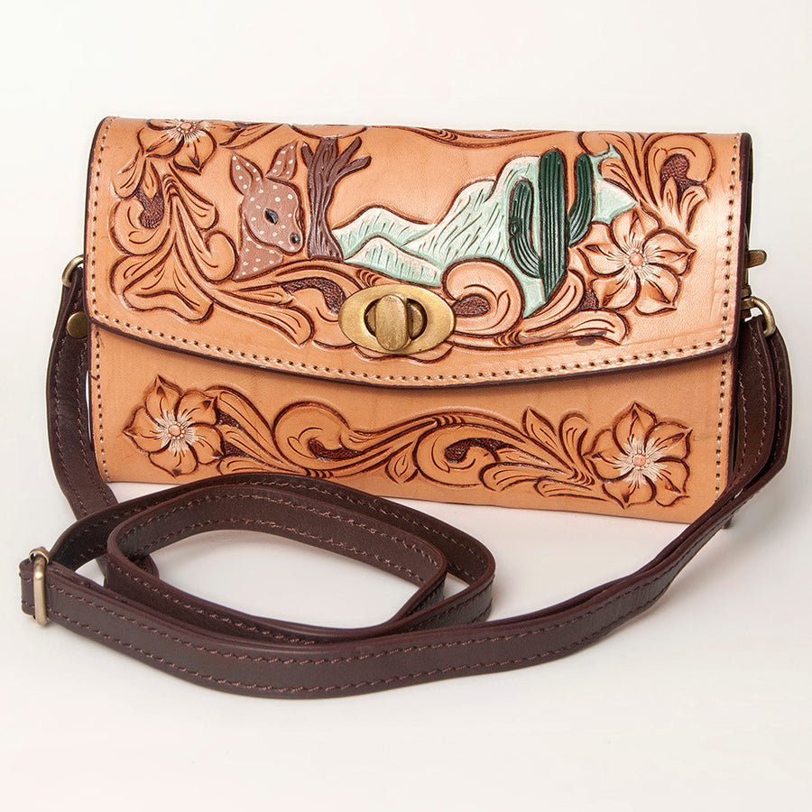 American Darling Western Leather Small Cross body Bag - Hand Tooled Floral Carved Purse - Uhorse