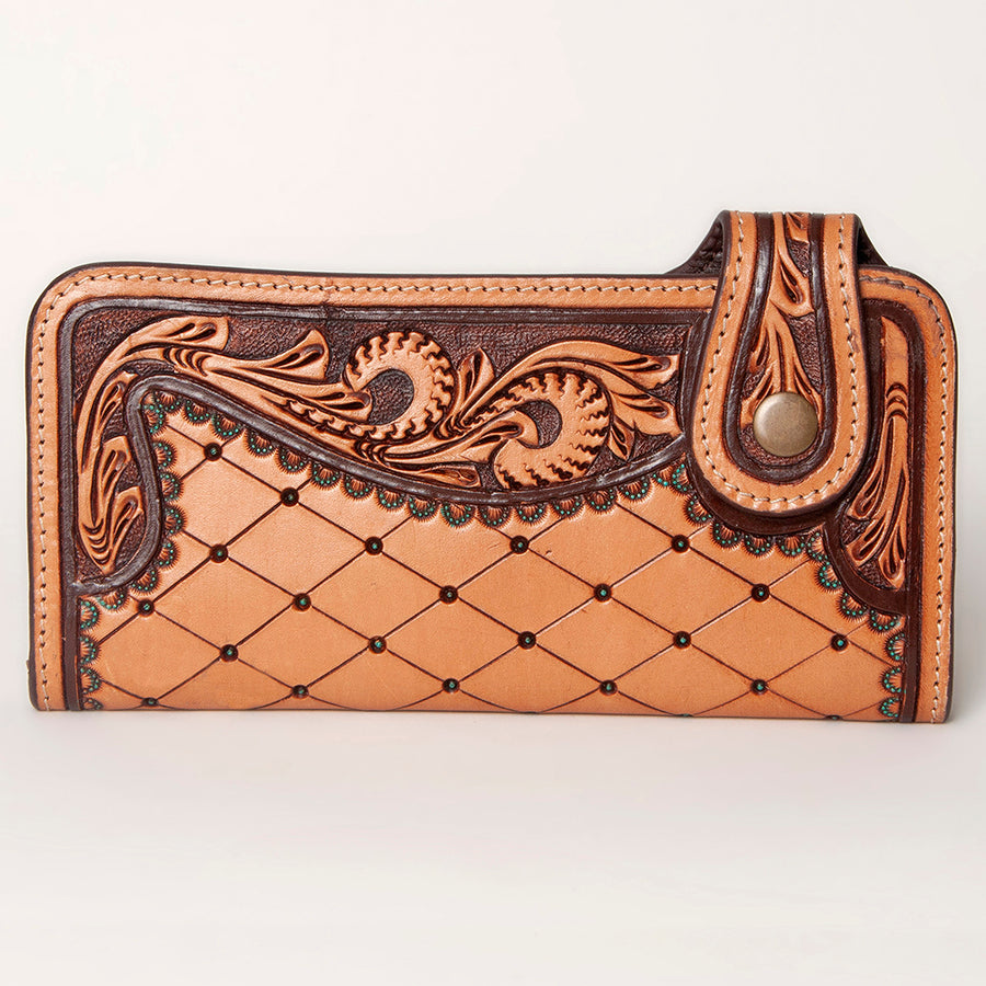 American Darling Clutch Bag, Hand Tooled Floral Carved Genuine Leather, Western Slim Wallet & Organizer with YKK Zipper