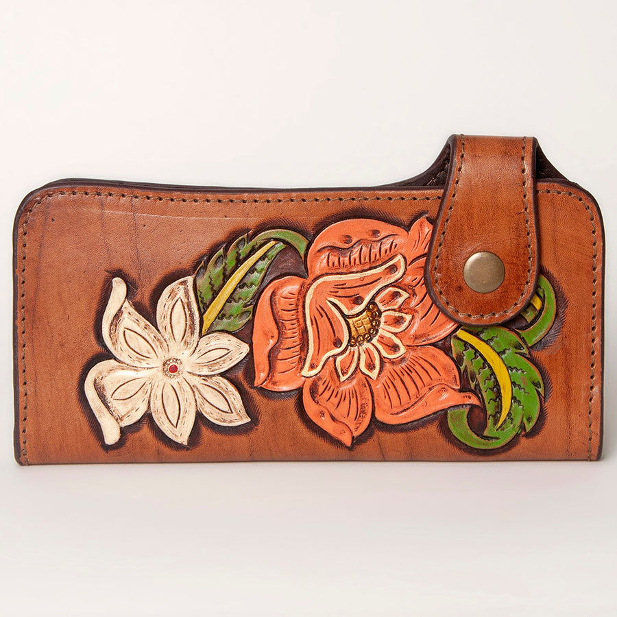 American Darling Clutch Bag, Hand Tooled Floral Carved Genuine Leather, Western Slim Wallet & Organizer with YKK Zipper