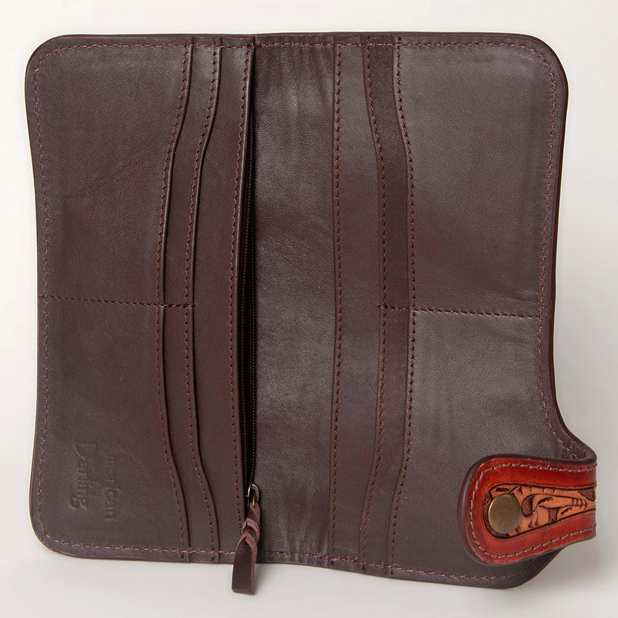 American Darling Clutch Bag, Hand Tooled Floral Carved Genuine Leather, Western Slim Wallet & Organizer with YKK Zipper