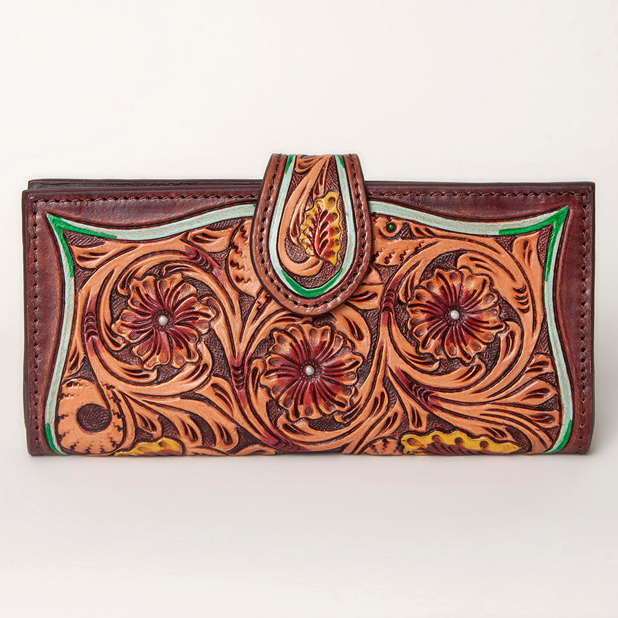 American Darling Clutch Bag, Hand Tooled Floral Carved Genuine Leather, Western Organizer Wallet with YKK Zipper