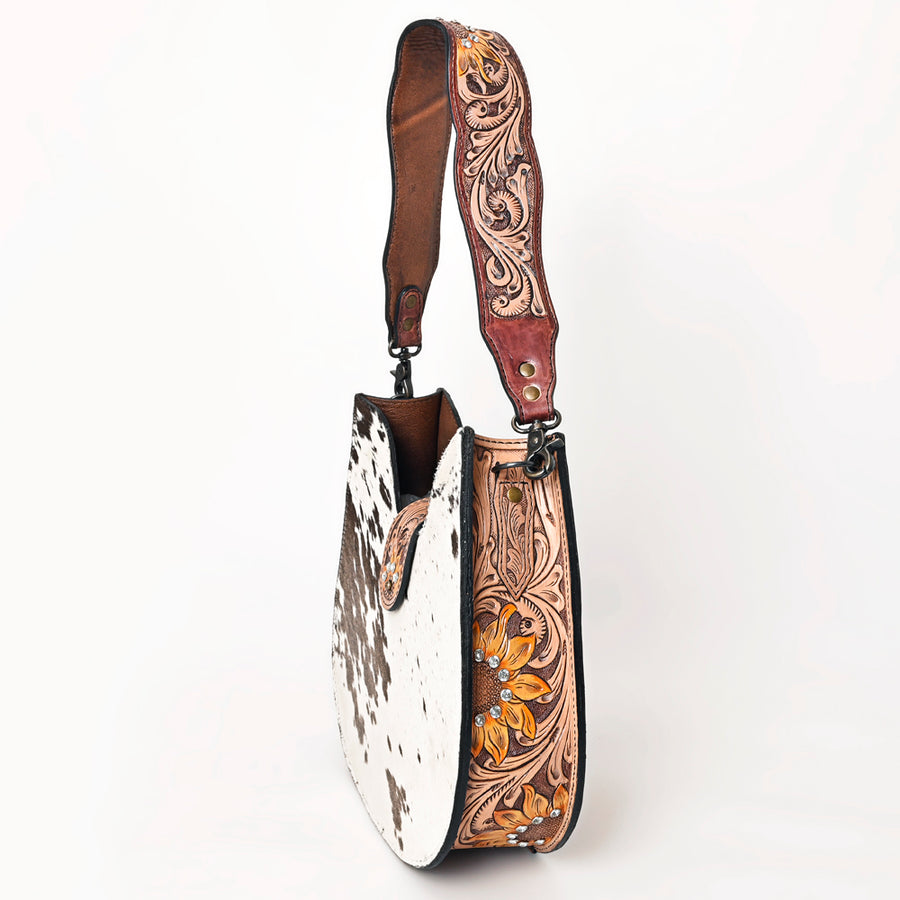 American Darling Hair-on Cowhide Hobo Bag for Women – Genuine Leather Western Shoulder Purse with Hand-Tooled Floral Strap and Artisan Detailing