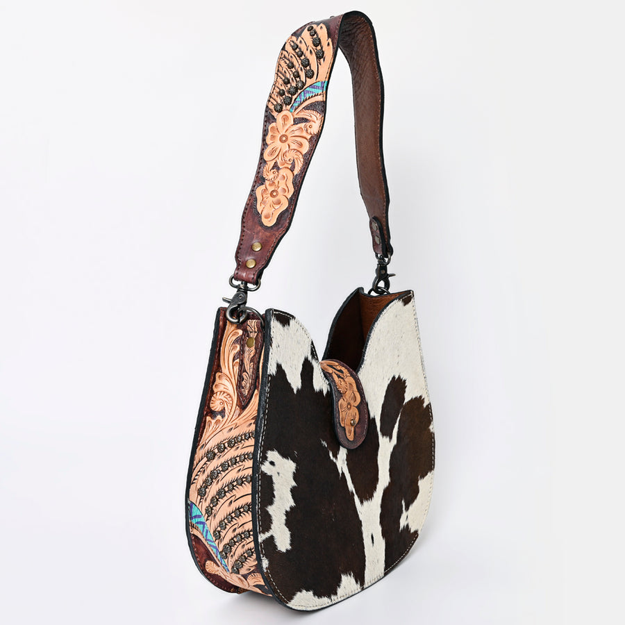 American Darling Hair-on Cowhide Hobo Bag for Women – Genuine Leather Western Shoulder Purse with Hand-Tooled Floral Strap and Artisan Detailing