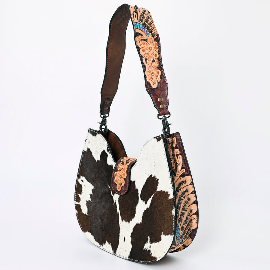 American Darling Hair-on Cowhide Hobo Bag with Tooled Floral Strap - Western Genuine Leather Purse - Uhorse