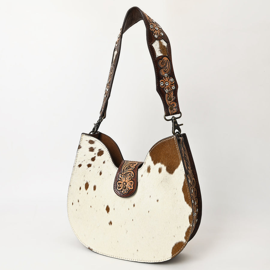 American Darling Hair-on Cowhide Hobo Bag for Women – Genuine Leather Western Shoulder Purse with Hand-Tooled Floral Strap and Artisan Detailing