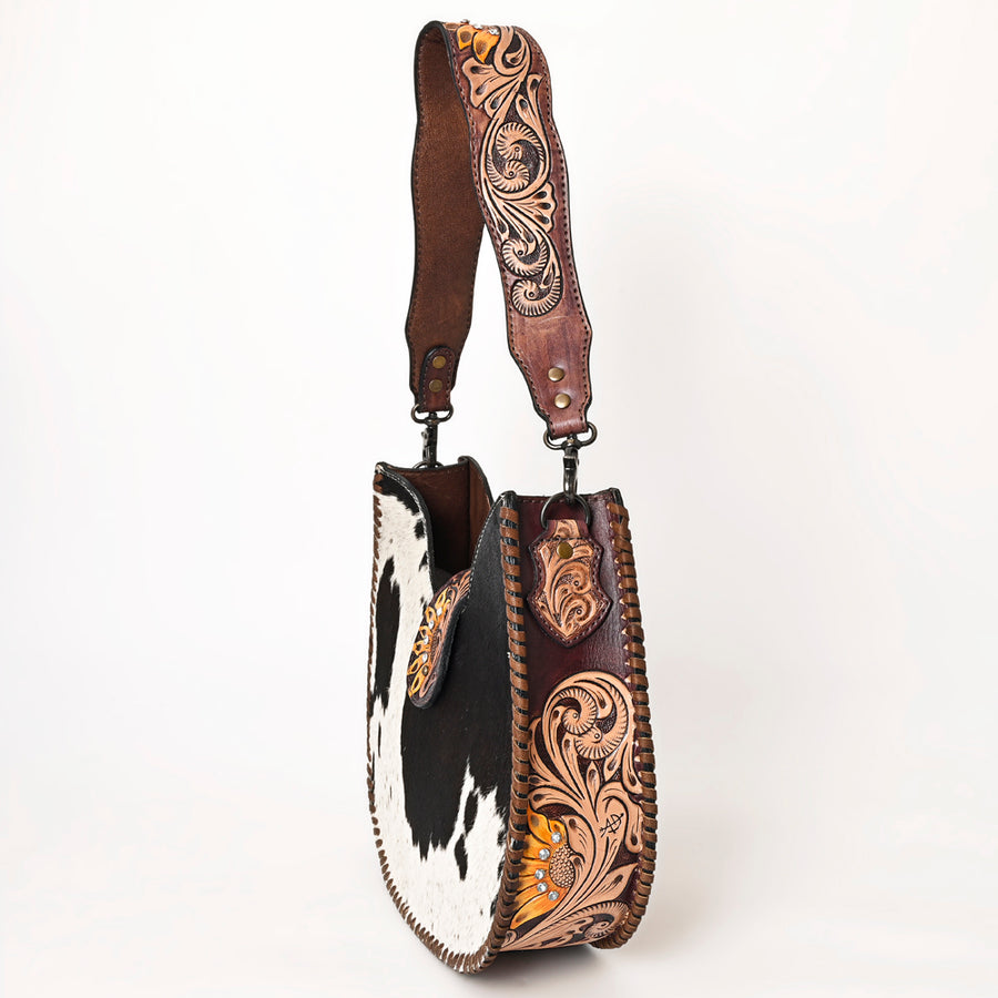 American Darling Hair-on Cowhide Hobo Bag for Women – Genuine Leather Western Shoulder Purse with Hand-Tooled Floral Strap and Artisan Detailing