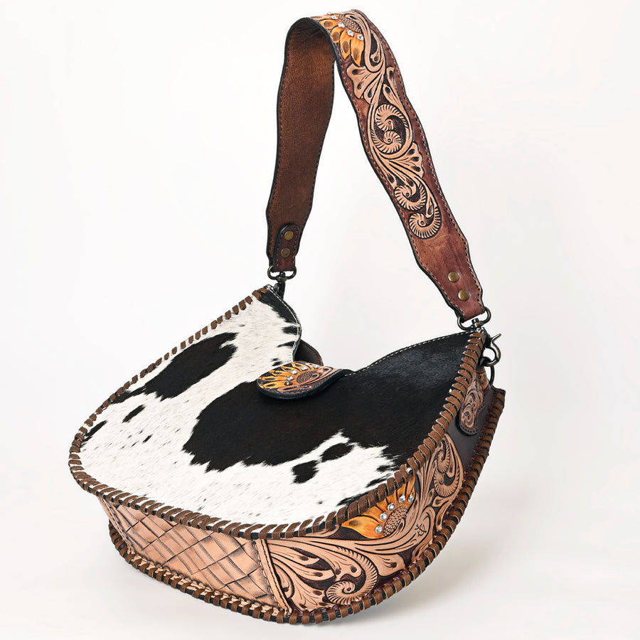 American Darling Hair-on Cowhide Hobo Bag for Women – Genuine Leather Western Shoulder Purse with Hand-Tooled Floral Strap and Artisan Detailing