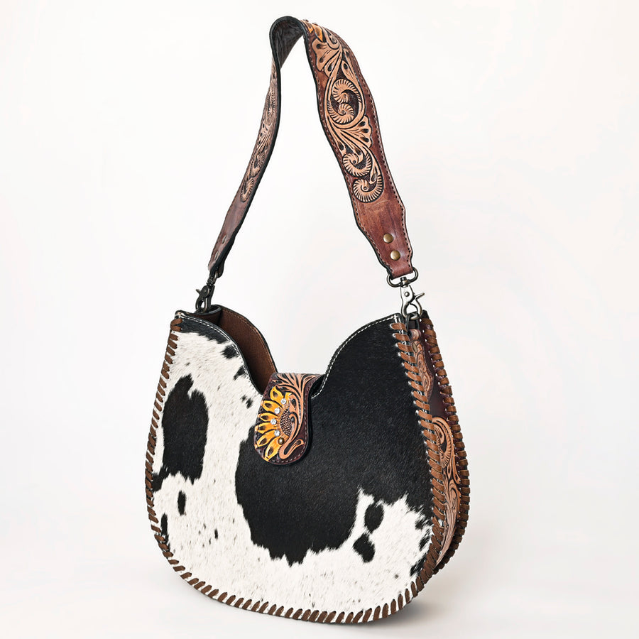American Darling Hair-on Cowhide Hobo Bag with Tooled Floral Strap - Western Genuine Leather Purse - Uhorse