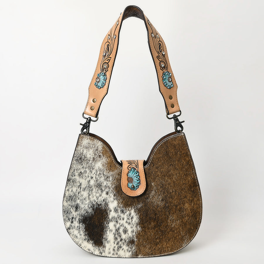 American Darling Western Hair-on Cowhide Leather Hobo Bag – Hand-Tooled Floral Design, Adjustable Strap