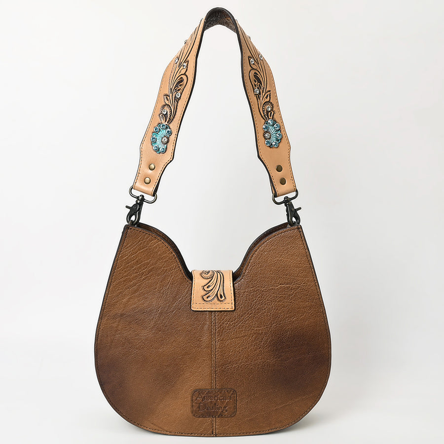 American Darling Western Hair-on Cowhide Leather Hobo Bag – Hand-Tooled Floral Design, Adjustable Strap
