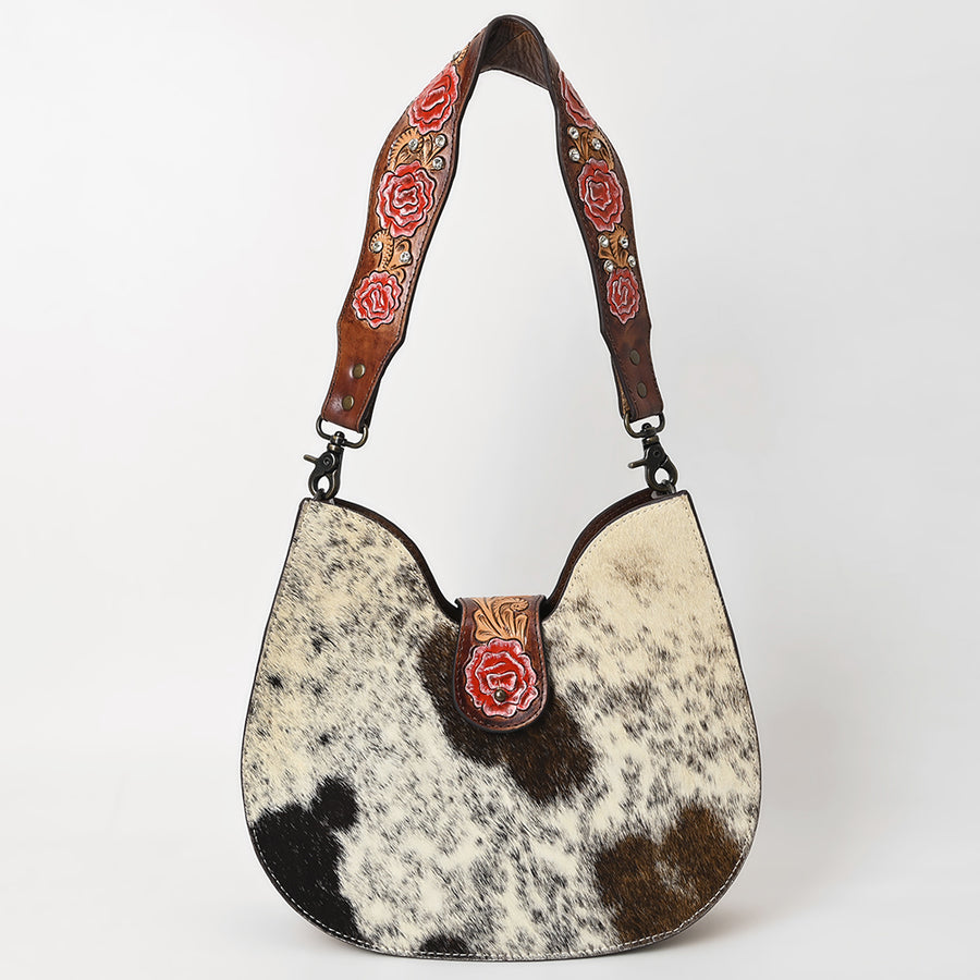 American Darling Hair-on Cowhide Western Hobo Bag – Genuine Leather Hand-Tooled Floral Design and Comfort Shoulder Strap