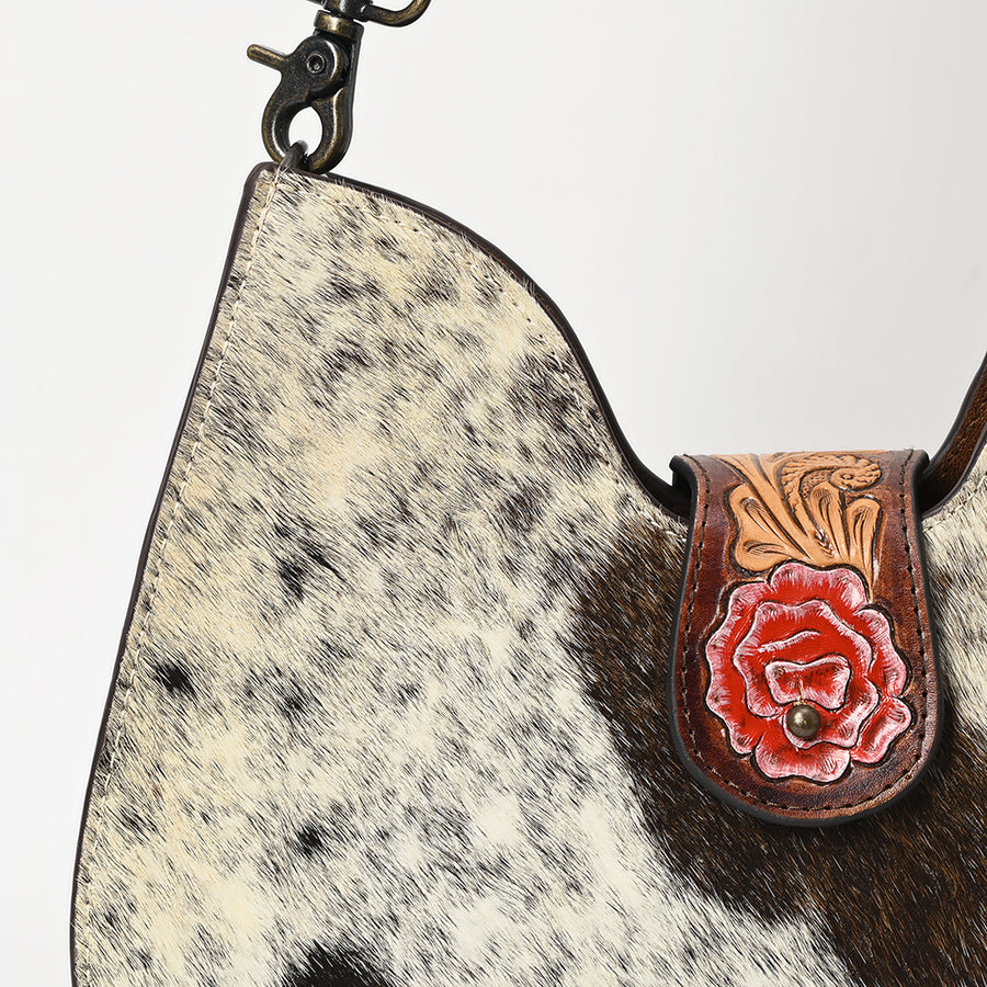 American Darling Hair-on Cowhide Western Hobo Bag – Genuine Leather Hand-Tooled Floral Design and Comfort Shoulder Strap