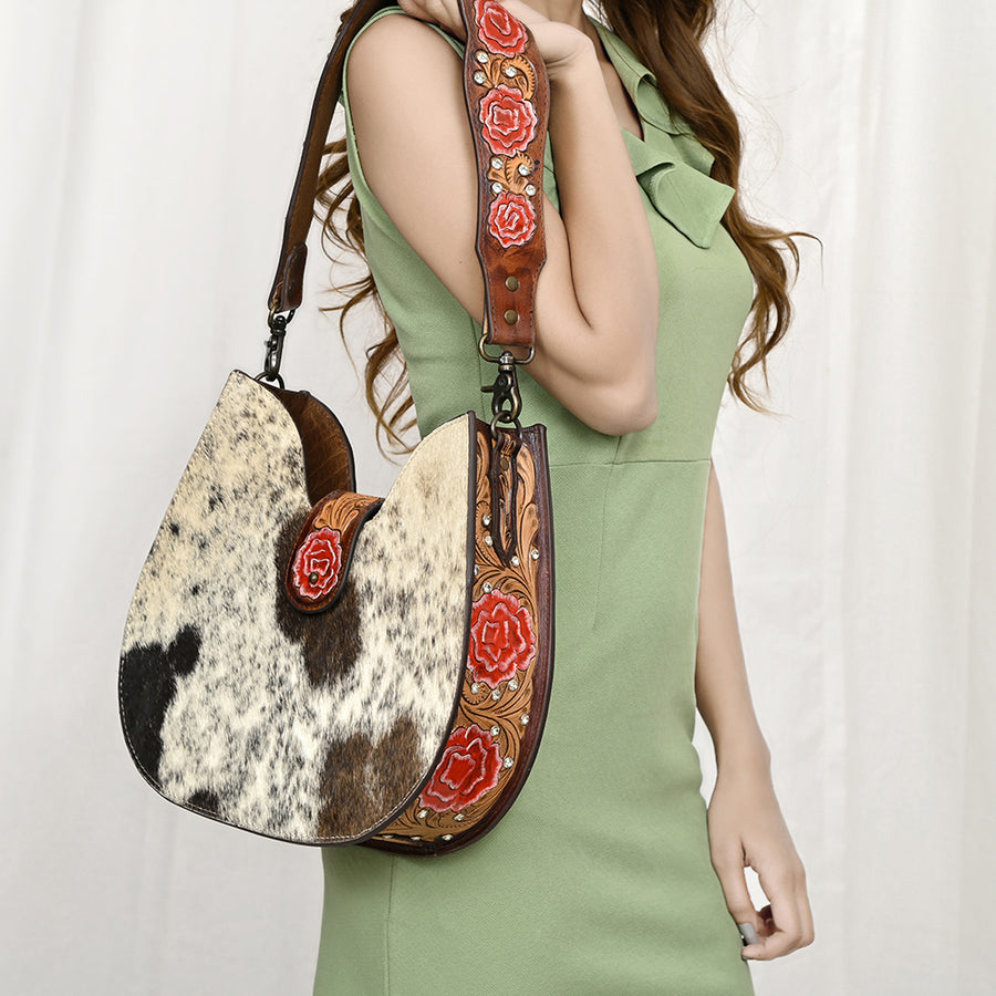 American Darling Hair-on Cowhide Western Hobo Bag – Genuine Leather Hand-Tooled Floral Design and Comfort Shoulder Strap