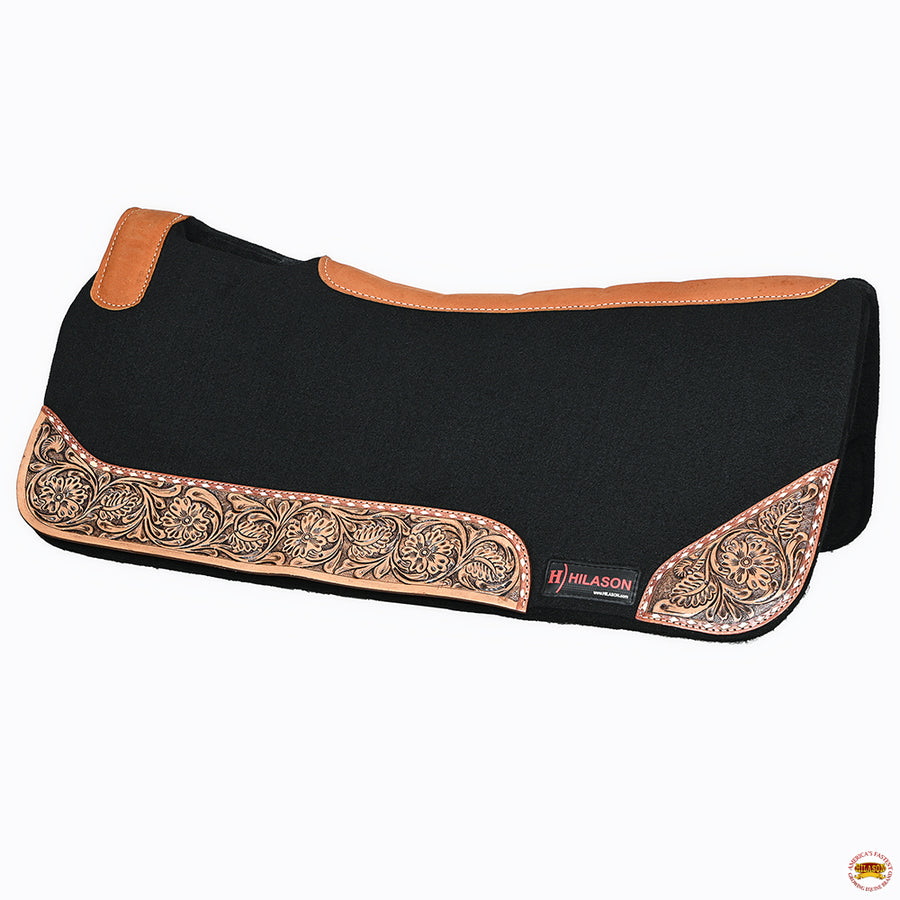 HILASON Western Wool Felt Horse Saddle Pad W/ Distressed Wear Leather Hand Tooled | for Horses