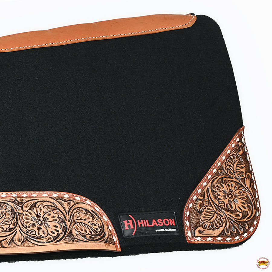 HILASON Western Wool Felt Horse Saddle Pad W/ Distressed Wear Leather Hand Tooled | for Horses