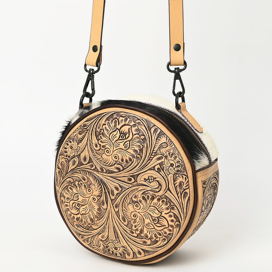 American Darling Canteen Hand Tooled Hair On Genuine Leather Women Bag Western Handbag Purse - Uhorse