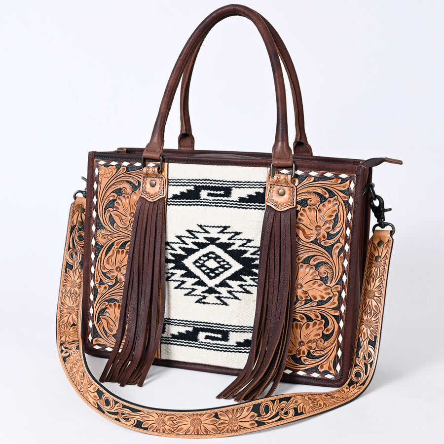American Darling Hand Tooled Floral Western Leather Woven Saddle Blanket Tote Bag - Uhorse
