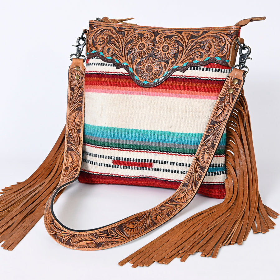 American Darling Large Crossbody Hand Tooled Saddle Blanket Fabric Genuine Leather Western Women Bag Handbag Purse - Uhorse